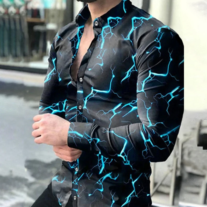 New Men\'s Shirts Long Sleeve Slim Button Lapel Fall Clothing Tops 2023 Fashion 3D Quicksand Print Noble Prom Party Blouses S-4XL