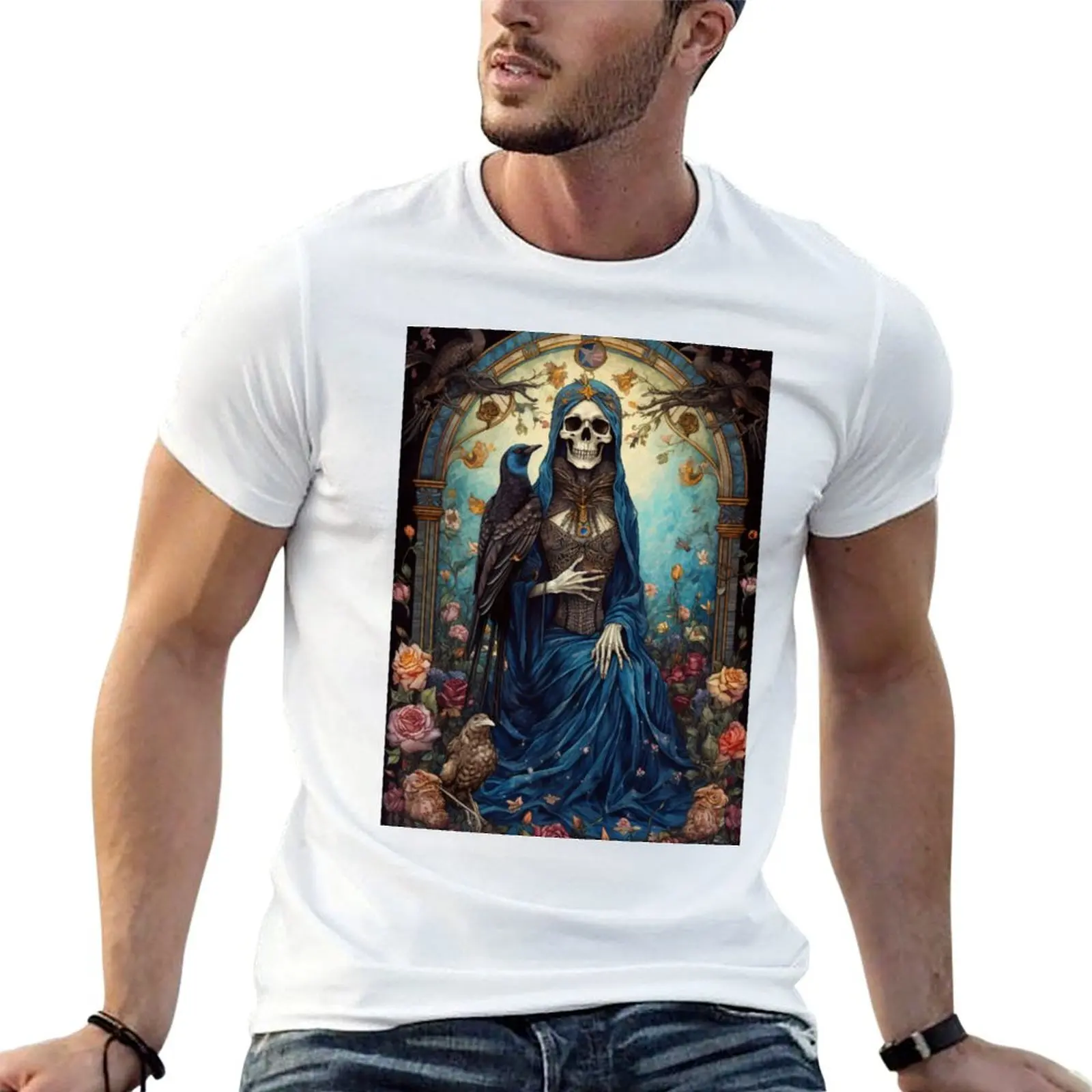 Camiseta Nuestra Señora de la Santa Muerte masculina, camiseta gráfica de algodão, camiseta masculina 100% algodão, camiseta masculina de designer