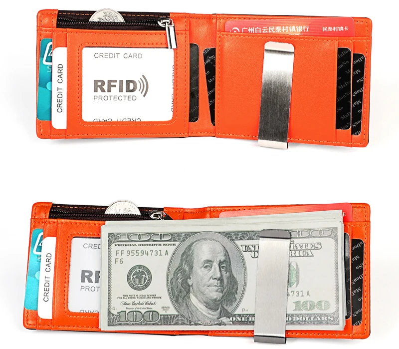 Men's Cowhide Money Clips Men Short Genuine Leather Wallets RFID With Zipper Coin Pouch Male Money Purses Slim Purse Card Wallet