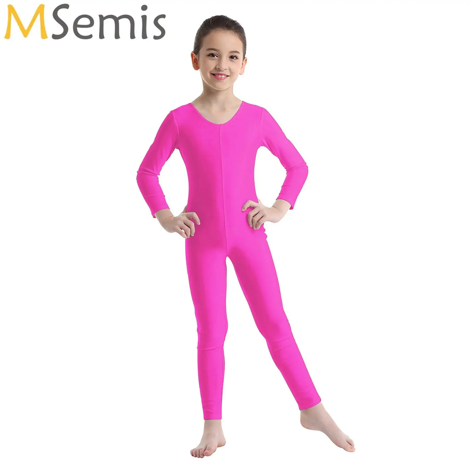 Kids Girls Ballet Gymnastics Leotard Dance Class Exercise Jumpsuit Long Sleeve Solid Elastic Unitard Stage Performance Dancewear