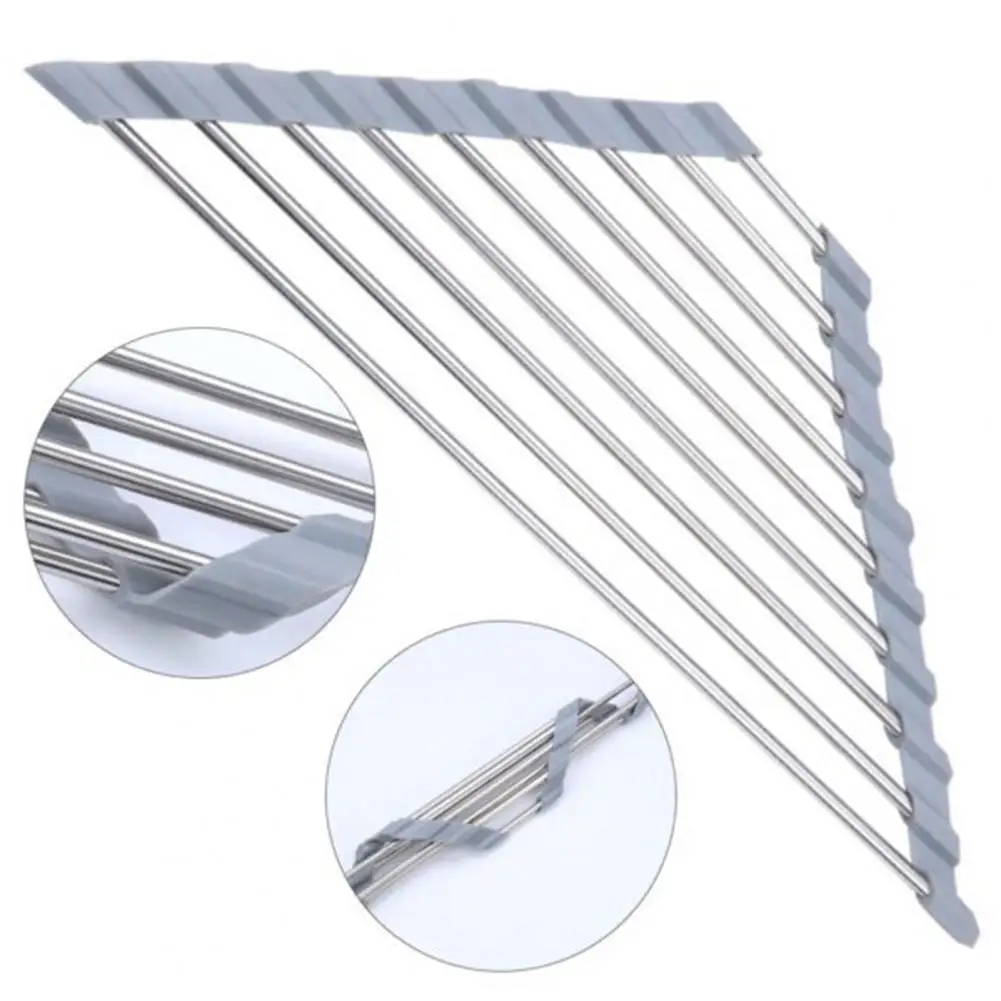 Triangle Roll-Up Dish Drying Rack Foldable Stainless Steel Over Sink Organizer Space Saving Kitchen Sink Corner Drainer Shelf