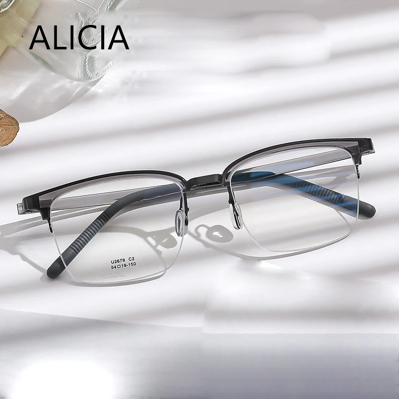 

ALICIA Luxury Fashion Retro Half Frame Glasses Ultra Light Pure Titanium Eyewear Optical Prescription Eyeglasses Frames Men