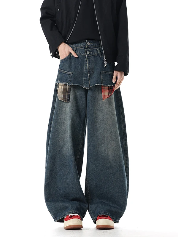 

Американские винтажные джинсы с высокой талией и прямыми штанинами для мужчин и женщин, повседневная одежда, имитация двухслойных, зимний тренд, широкие штанины с эффектом «ножа»