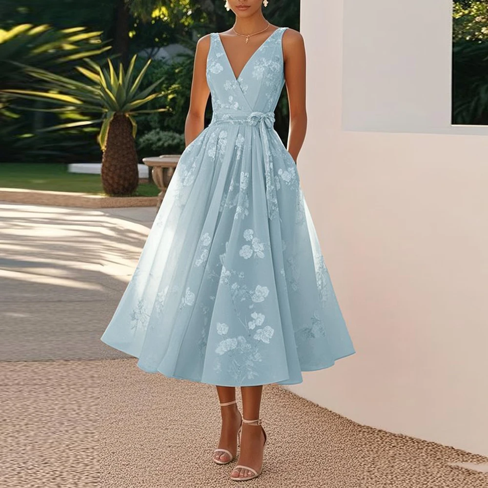 

Women V Neck Sleeveless Mesh Belt A Line Evening Party Dress