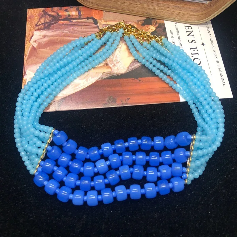 

French Retro Temperament Fashion Necklace Earrings Set Multi-layer Blue Glazed Bead Neck Chain Woven Earclip Accessories Women