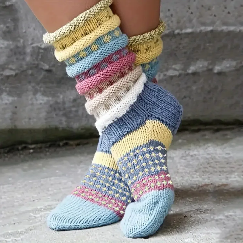 

1 Pair Autumn Winter Wool Women's Long Socks Ladies Floor Socks for Women Colorful Stripes Patchwork Slouch Socks High Stockings