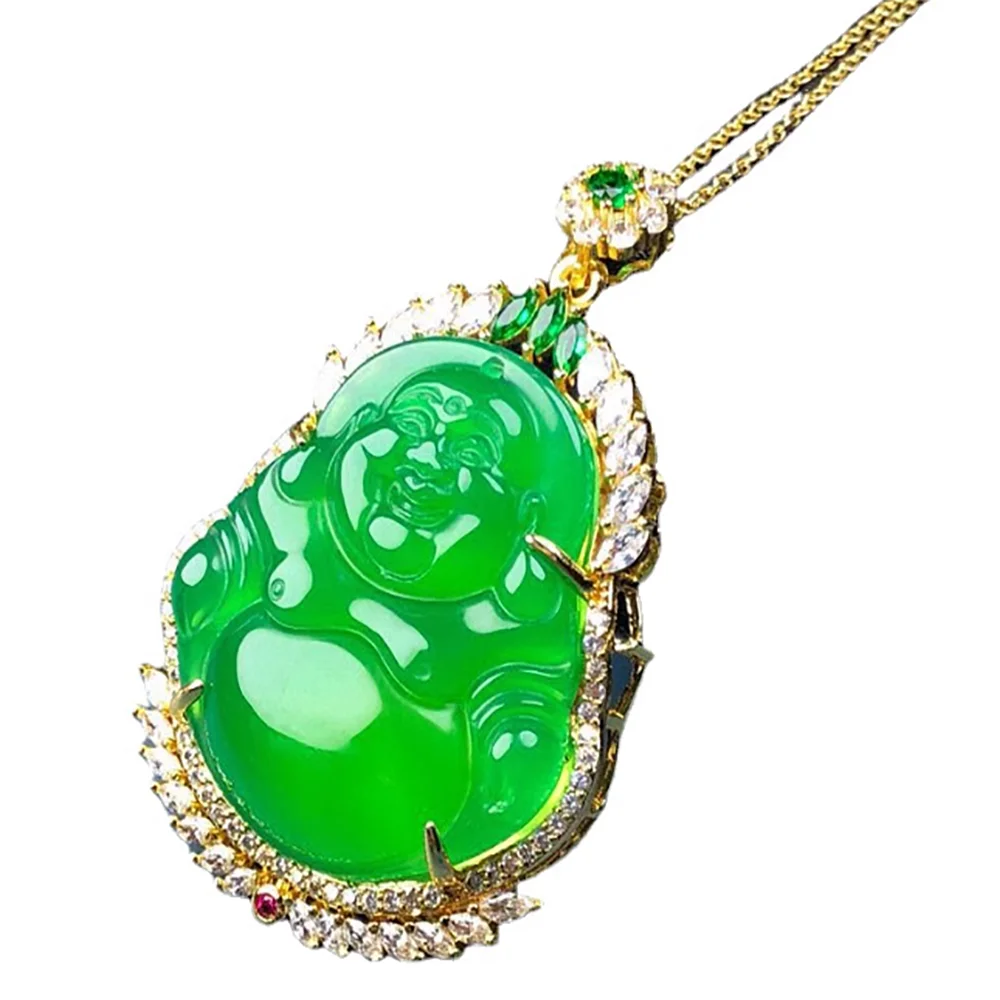 925 gold-plated inlaid chalcedony large Buddha green agate Buddha pendant for women pendant necklace