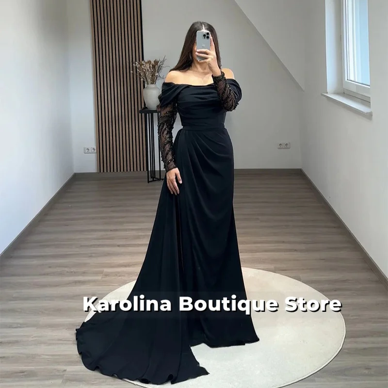 Navy Mermaid Evening Dress for Weddings Customized Long Sleeves Beading Ruched Sweep Train Formal Prom Gown Robe De Soiree