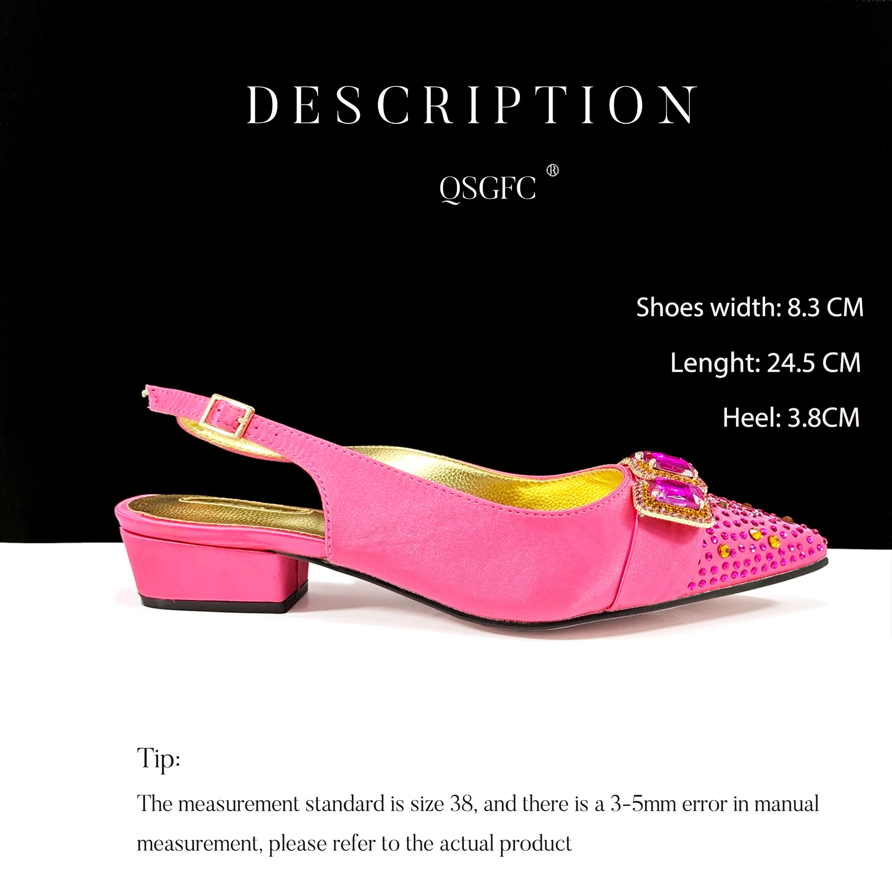 QSGFC 2024 Shiny Italian Fashion Pointed Toe Women Heel Fashion Rhinestone Decoration Fuchsia Color Shoes And Bag Set