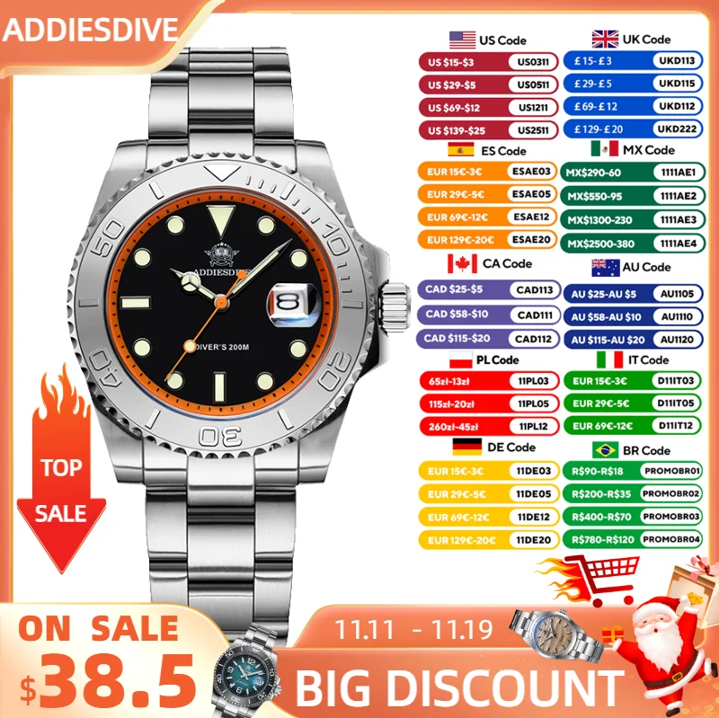 

ADDIESDIVE Men Watch Luxury Diver Quartz Watch 200m Diving Stainless Steel Bezel Calendar BGW9 Luminous 41mm Wristwatch for Men