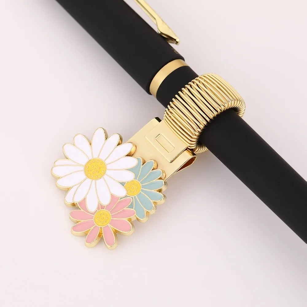 Cherry Blossom Daisy Pen Holder Bookmark Metal Spring Pen Clips with Enamel Coating Adjustable Pen Holder Clip