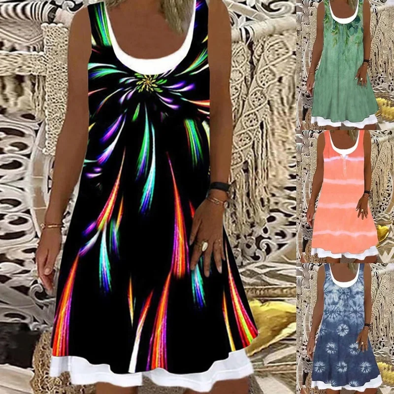 

XS-5XL Fashion Women Summer Casual Sleeveless Round Neck Floral Print Fake Two-piece Splice Summer Dress