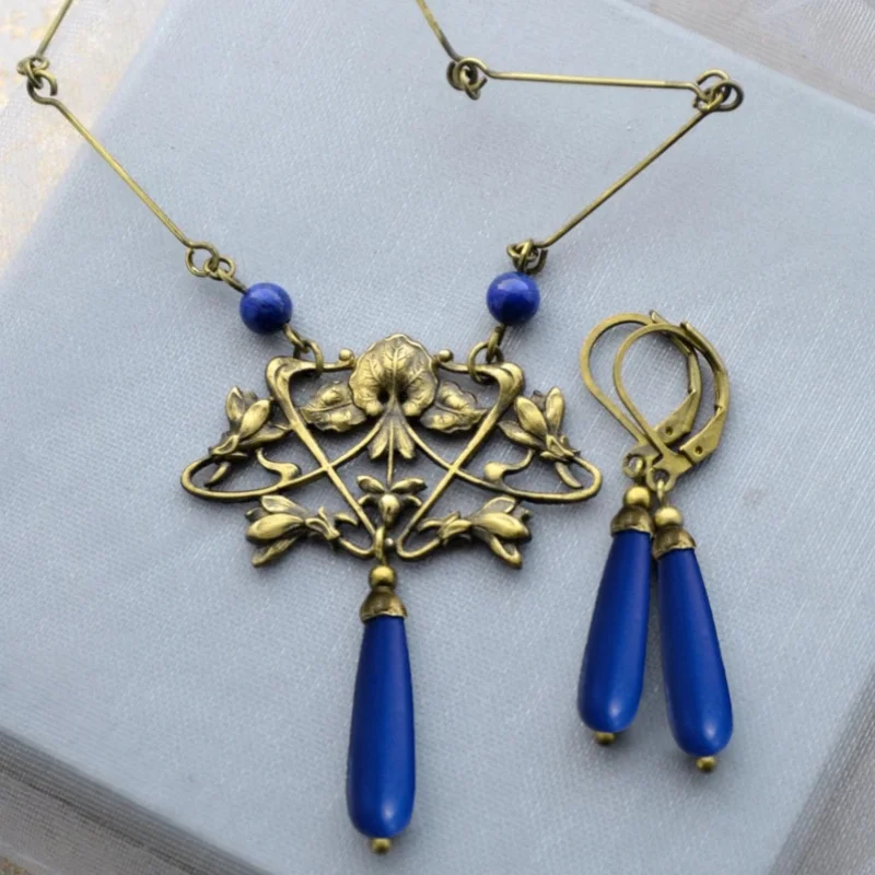 3 قطعة قطرات خمر أنيقة نمط فو اللازورد سبيكة الأزرق اللون قلادة قلادة 50 + 5 سنتيمتر أقراط 4 سنتيمتر مجموعة #6