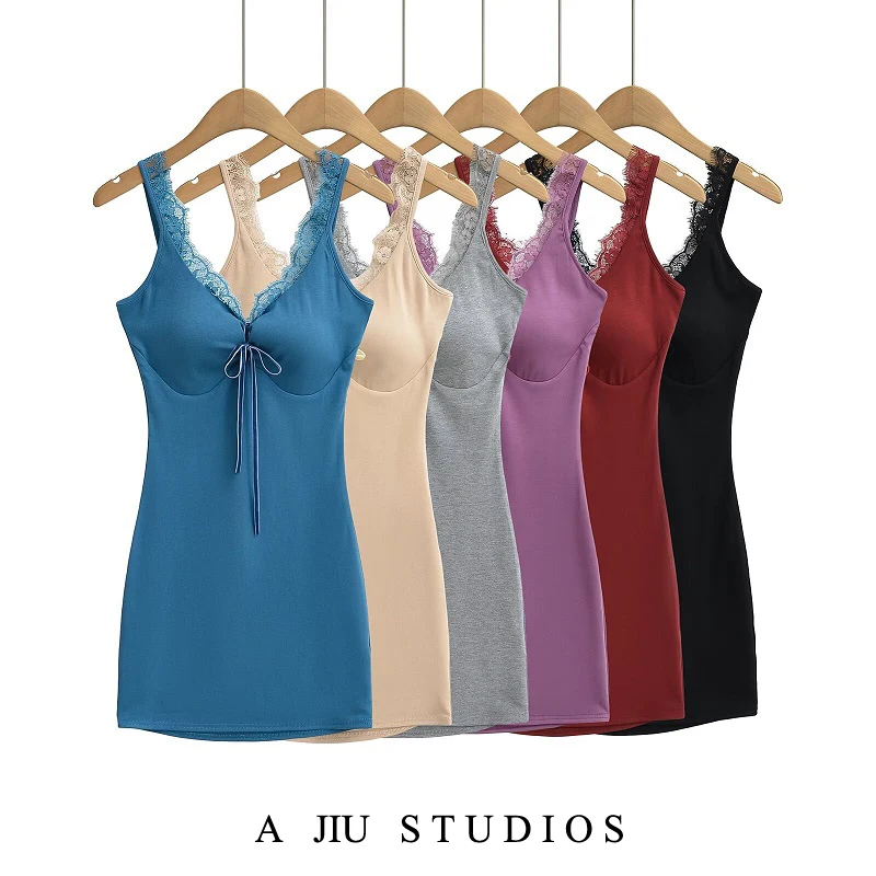 

Pure Desire Sexy V-ne Lace Trim Strap Dr Women's Slimming ort Skirt with Chest Pad Knot Bal Summer Dr
