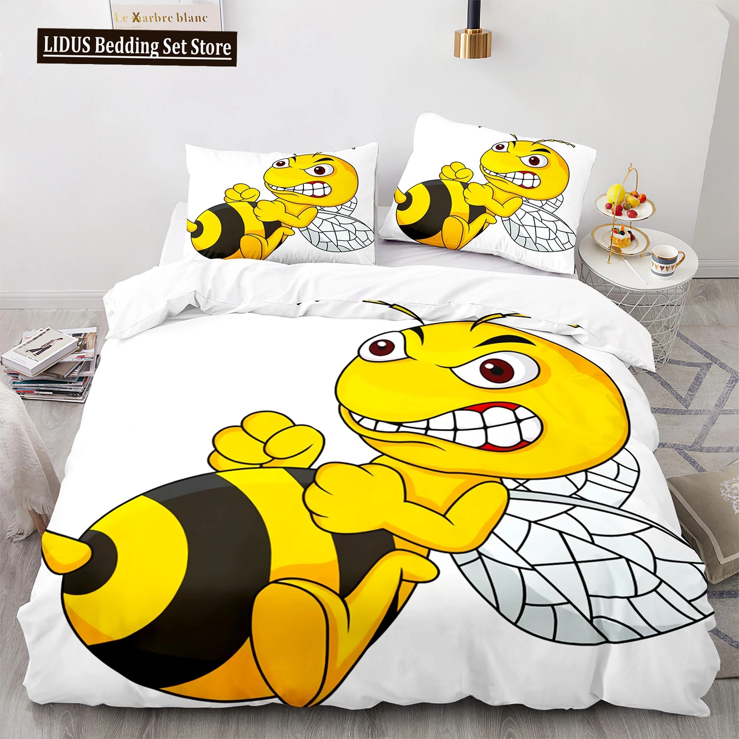 Bee Duvet Cover Set King Queen Size Yellow White Black Cartoon Angry Bee 3D Printed For Kids Boy Girl Teen Polyester Bedding Set
