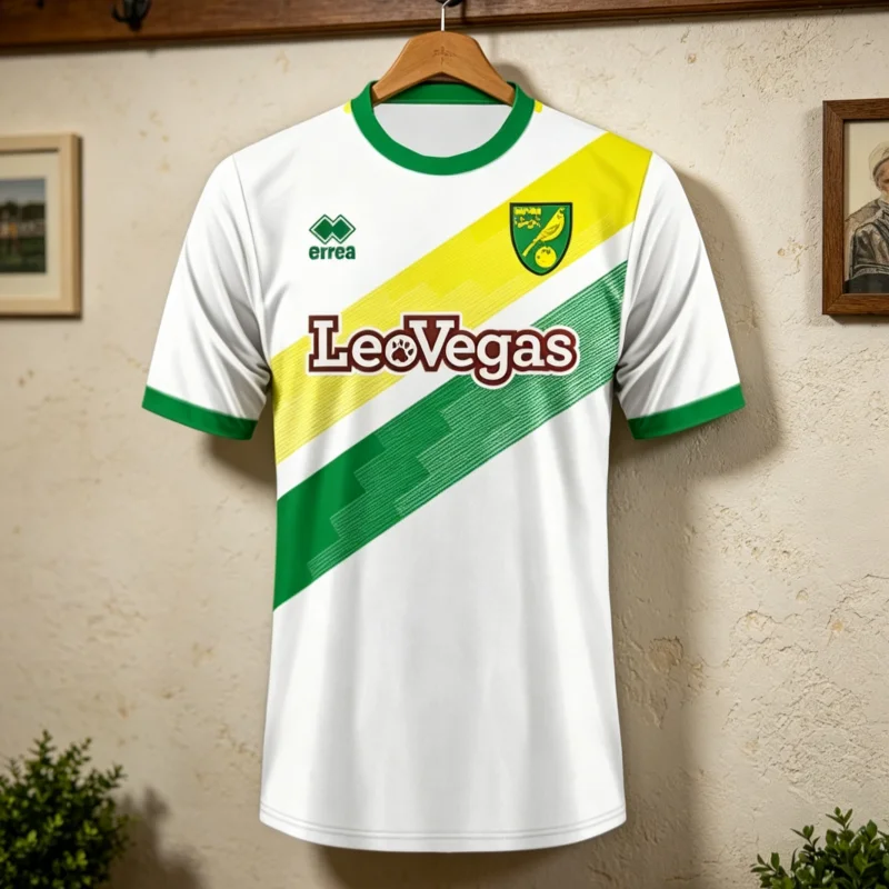 Camiseta de Fútbol del Norwich City FC en Verde Neón y Verde Oscuro, con Patrocinio de LeoVegas, Diseño Geométrico de Errea, para Niños y Familias