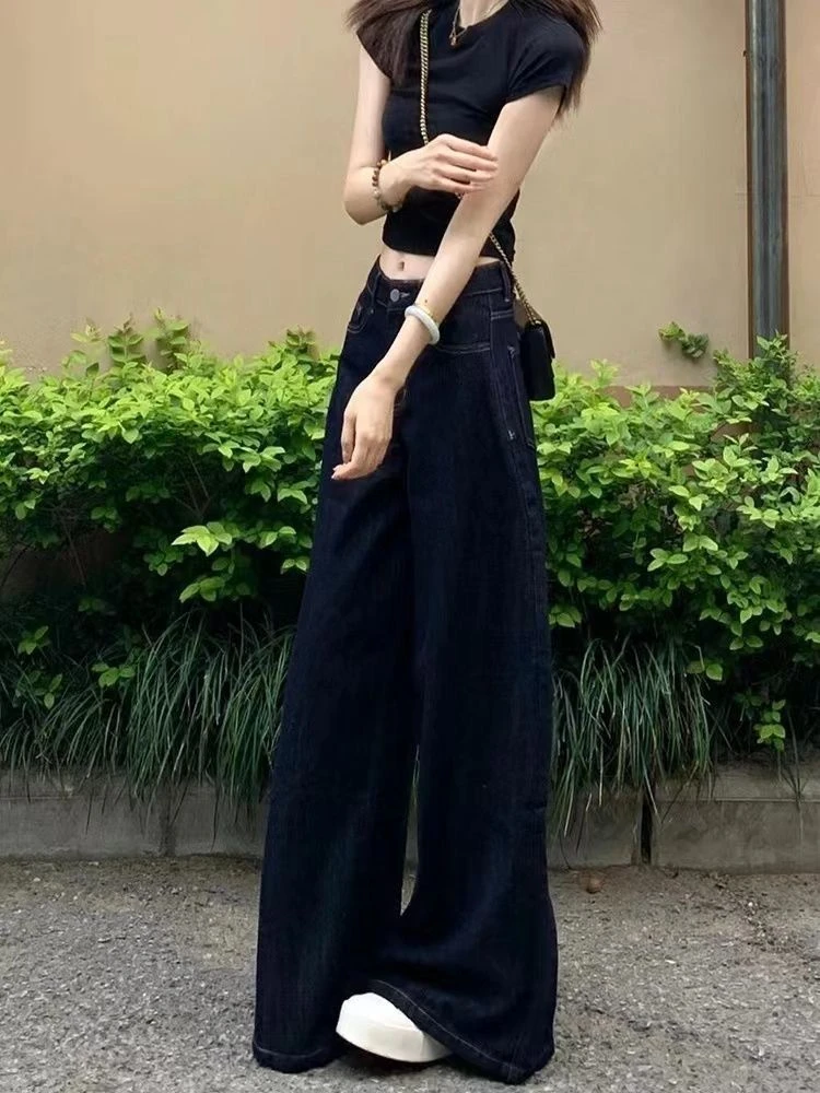 Y2K Wide Leg Pants Women Deep Blue Denim High Waist American Retro Loose Fit Slimming Straight Leg Floor Length Trousers