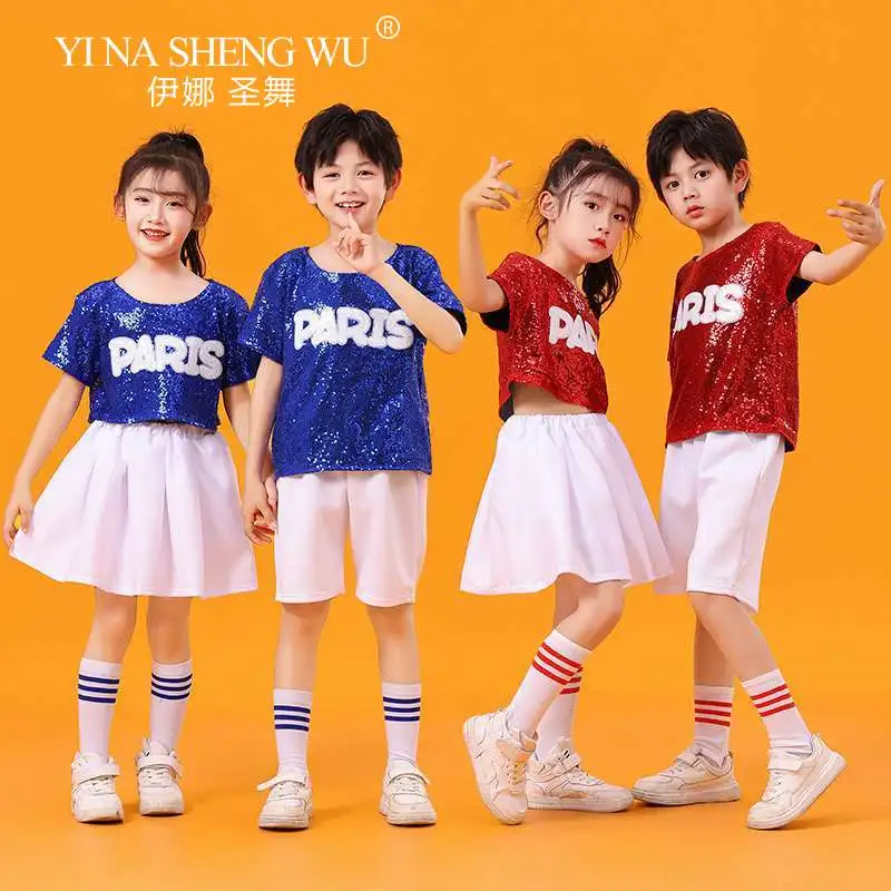 

Комплект с блестками для джазовых танцев для мальчиков и девочек, детские костюмы в стиле хип-хоп, современные уличные танцы, сценические костюмы, комплект с блестками для черлидинга