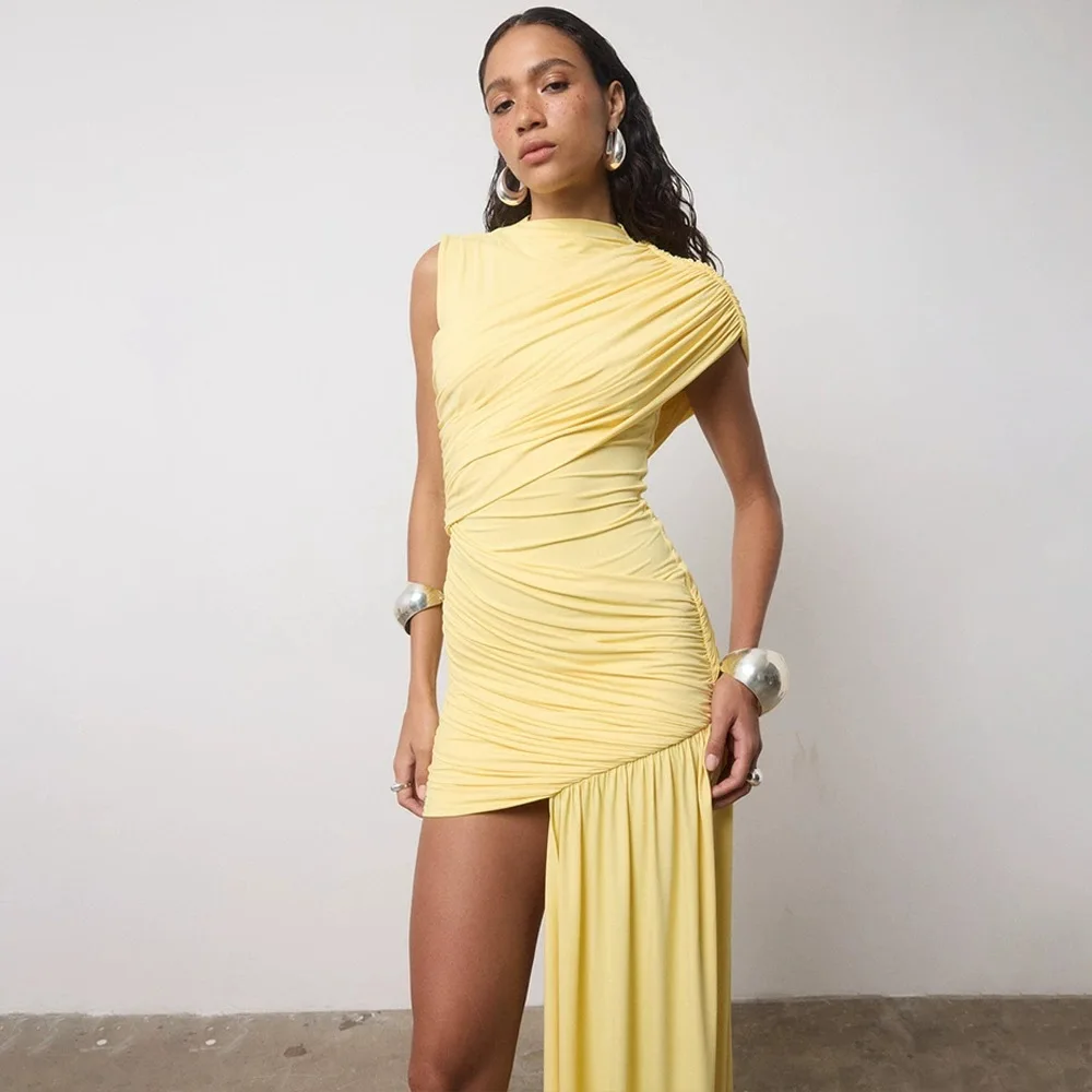 Mini abito sexy con volant drappeggiato estivo da donna Nuovo abito slim fit a vita alta irregolare Abito elegante da club femminile
