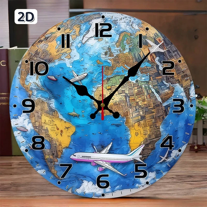 Horloge murale suspendue ronde et silencieuse en bois avec carte du monde, adaptée au salon, au bureau, à une salle d'étude, à la chambre à coucher, à la décoration de la maison.