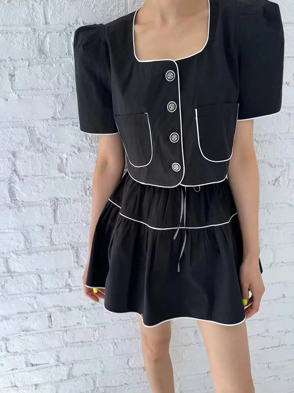 

Color Blo Bubble Sve ort Skirt Set Women's f Length Pleated Lace Hemline Faion Ensemble Cotton Fabric