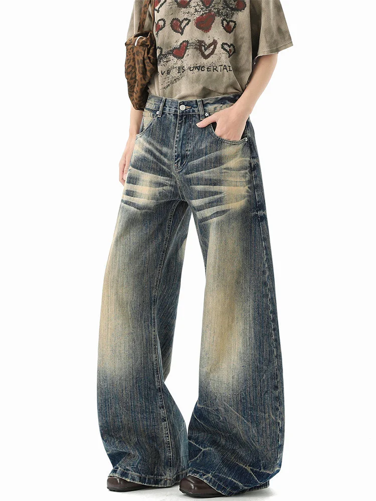 

American Style High Waist Wide Leg Jeans Women Loose Casual Slimming Denim Pants Faded Washed Bamboo Node Design