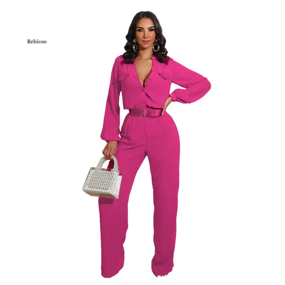 Women Long Sleeve Button-down Jumpsuits Regular Elegant Solid Jumpsuit Overalls