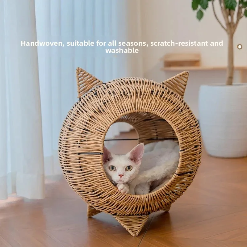 

Semi-Enclosed Woven Rattan Cat Bed Scratch-Resistant Pet House Large Breathable Cats Cave Cozy Wooden Cat Furniture for Indoor