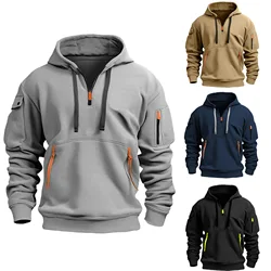 Men's hooded sweatshirt, casual sports pullover, retro Harajuku long sleeved zipper, multiple pockets, casual loose jacket, stre