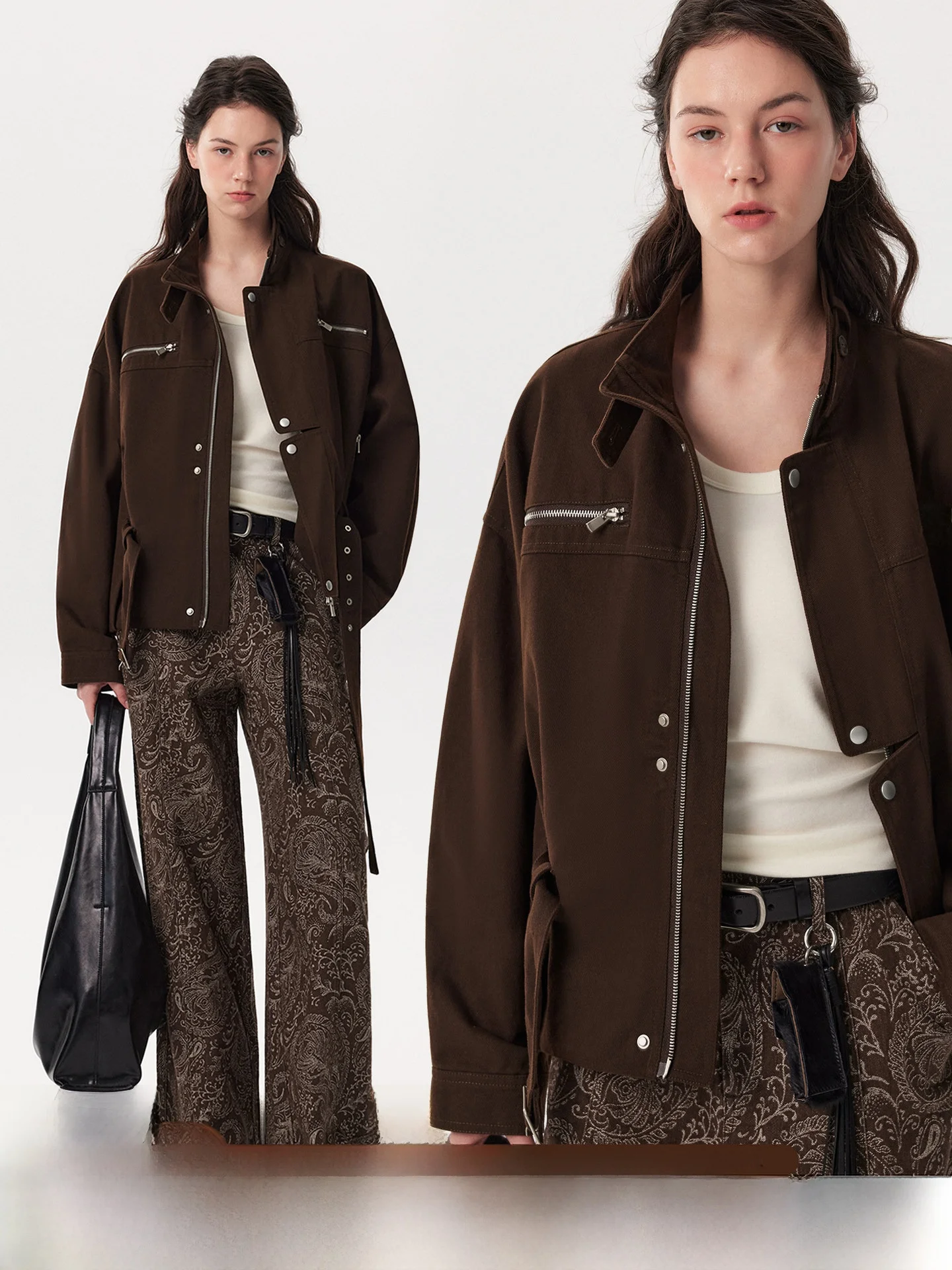 

Ретро-куртка в повседневном стиле с воротником-стойкой, поясом на талии, декоративными разрезами и молнией, женская, из хлопка