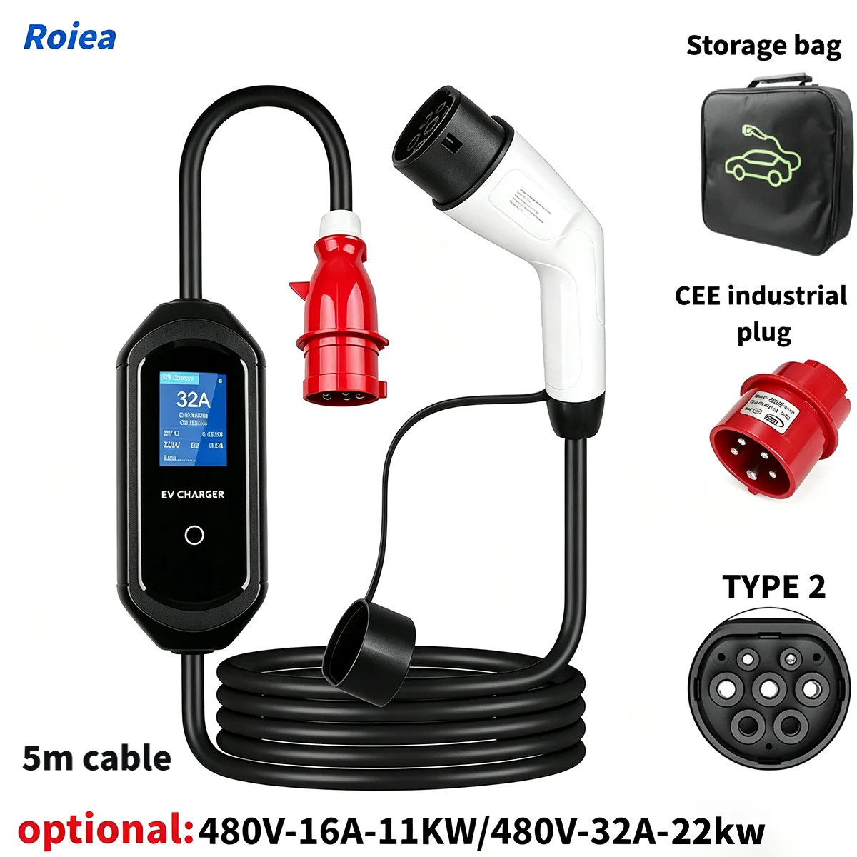 Portable Ev Charger 32A Type 2 Cee Plug - Roiea 11kW/22KW Type2 16A/32A เครื่องชาร์จ EV