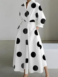 Autumn Dress Long Sleeve Dot Print Elegant Maxi Dresses For Women 2024 White Casual V Neck Shirt Party Long Dress Robe Femme