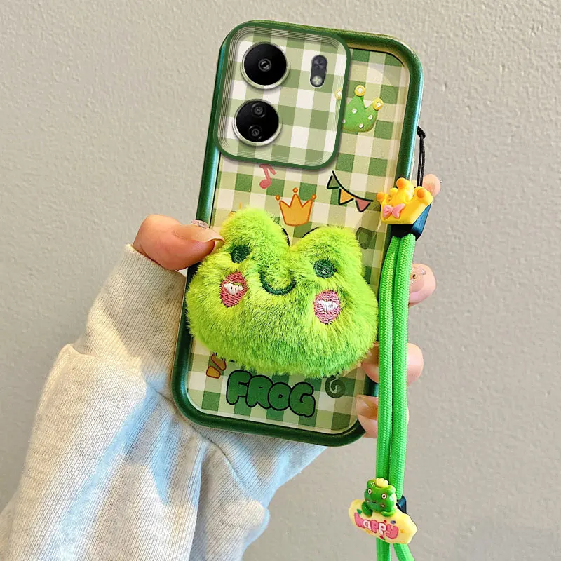 כיסוי טלפון נייד עם דמות צפרדע חמודה מתאים ל-Redmi 14C 14R 13C 12C 11A 10C 10A 10 צעצועי פלוש קרטון רצועת חבל עם רצועת צוואר