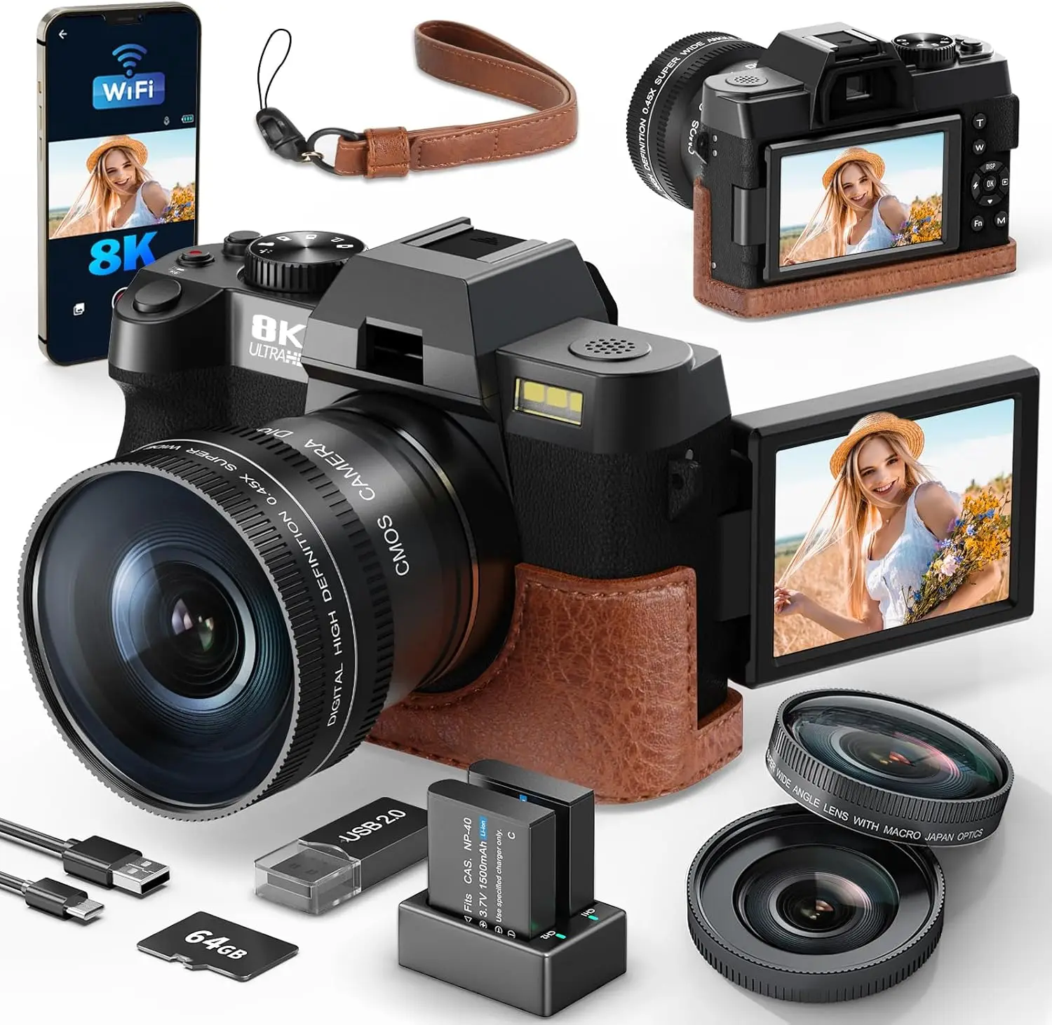 8K 64MP Digital Camera with 16X Zoom, WiFi, Flip Screen, Autofocus, Wide-Angle Lens, Fill Light & Accessories