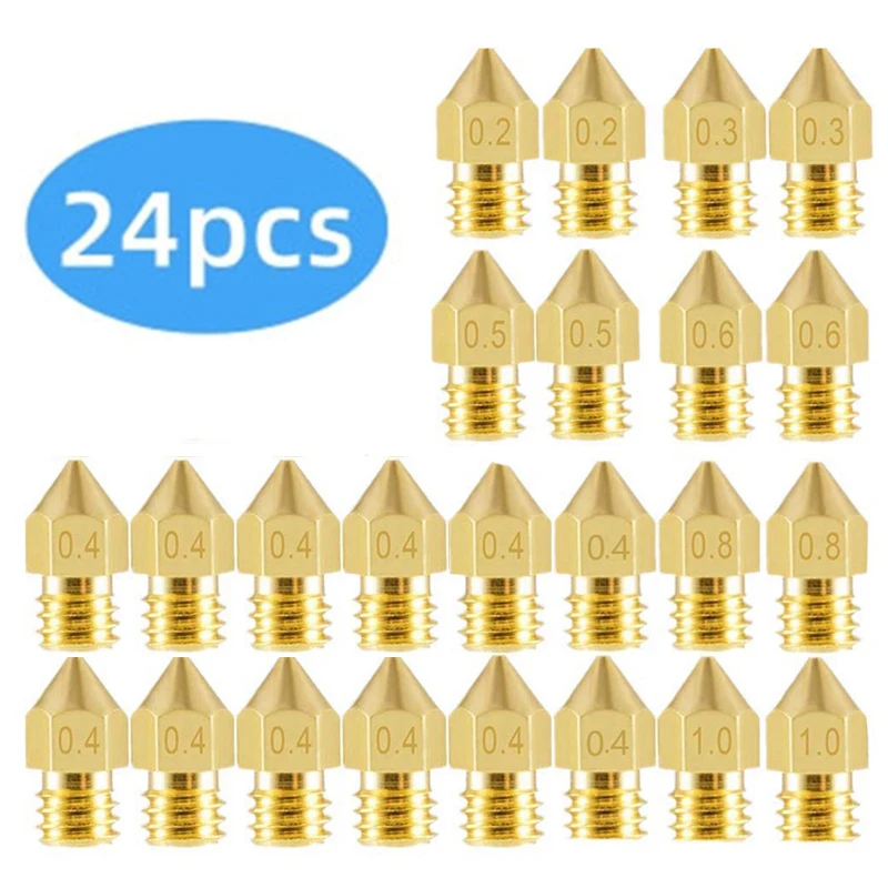 

24Pcs MK8 Nozzles 0.2/0.4/0.5/0.6/0.8/1.0mm M6 Brass Nozzle 1.75mm Thread 3D Printer Part for Creality Ender 3/3 Pro V2, Ender 5