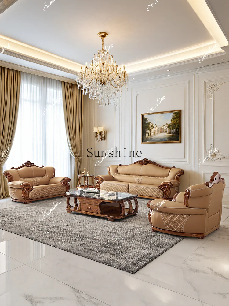 

High-end European leather sofa solid wood 1234 villa large apartment combination new Chinese style FT