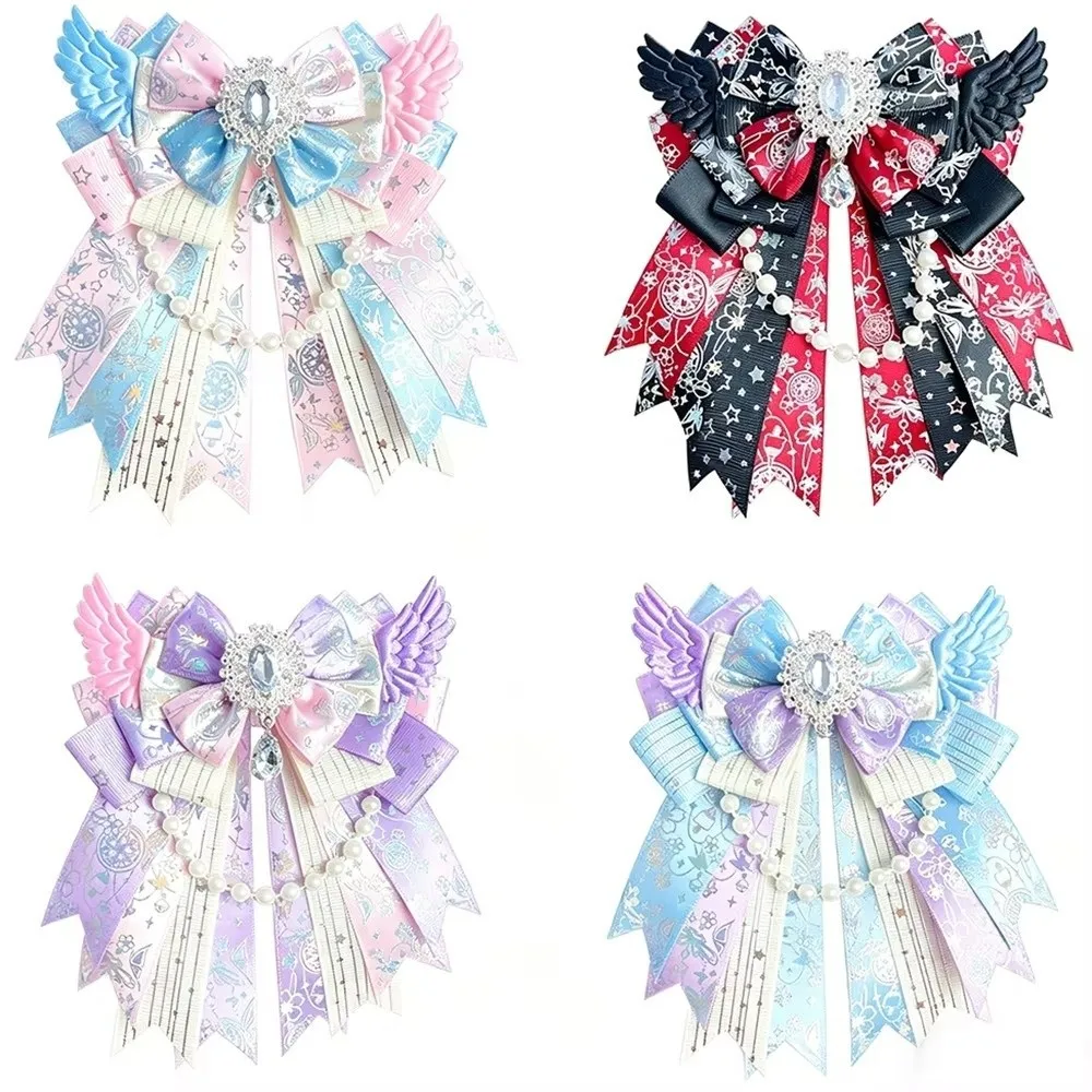 Gifts Double Layer Bow Brooch Gemstone Pendant Handmade DIY Bow Pin Bead Chain Butterfly Knot Brooch For Anime Lolita