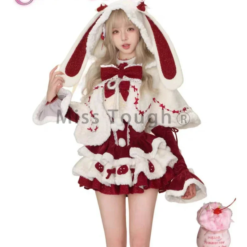 

Winter Rabbir Ear Hooed Coat + Bow Chic Dress Female Bow Y2k Retro Outfits New Christmas Sweet Lolita Elegant 2 Piece Sets Woman