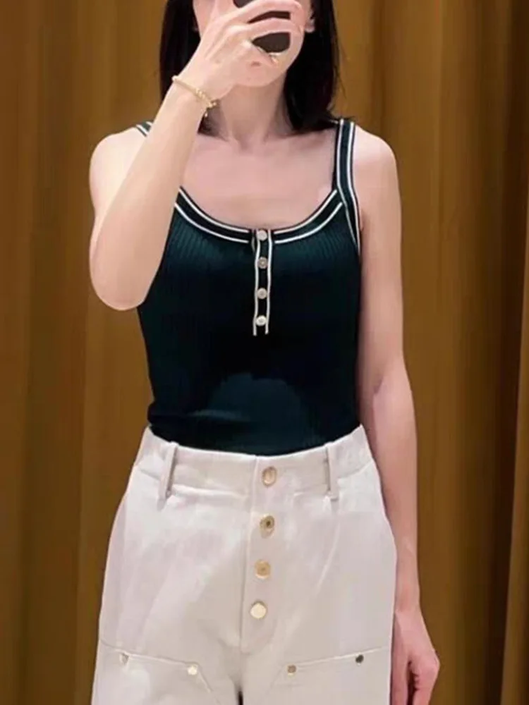 High-End Version Knitted Vest Women's Slim Fit Color Block Roll  Elasticity Top Commute Style  Color Single Piece