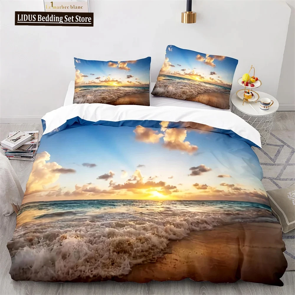 Beach Ocean Duvet Cover Set Sunset Hawaiian Waves Comforter Cover Tropical Island And Sea Beach Nature Polyester Bedding Set