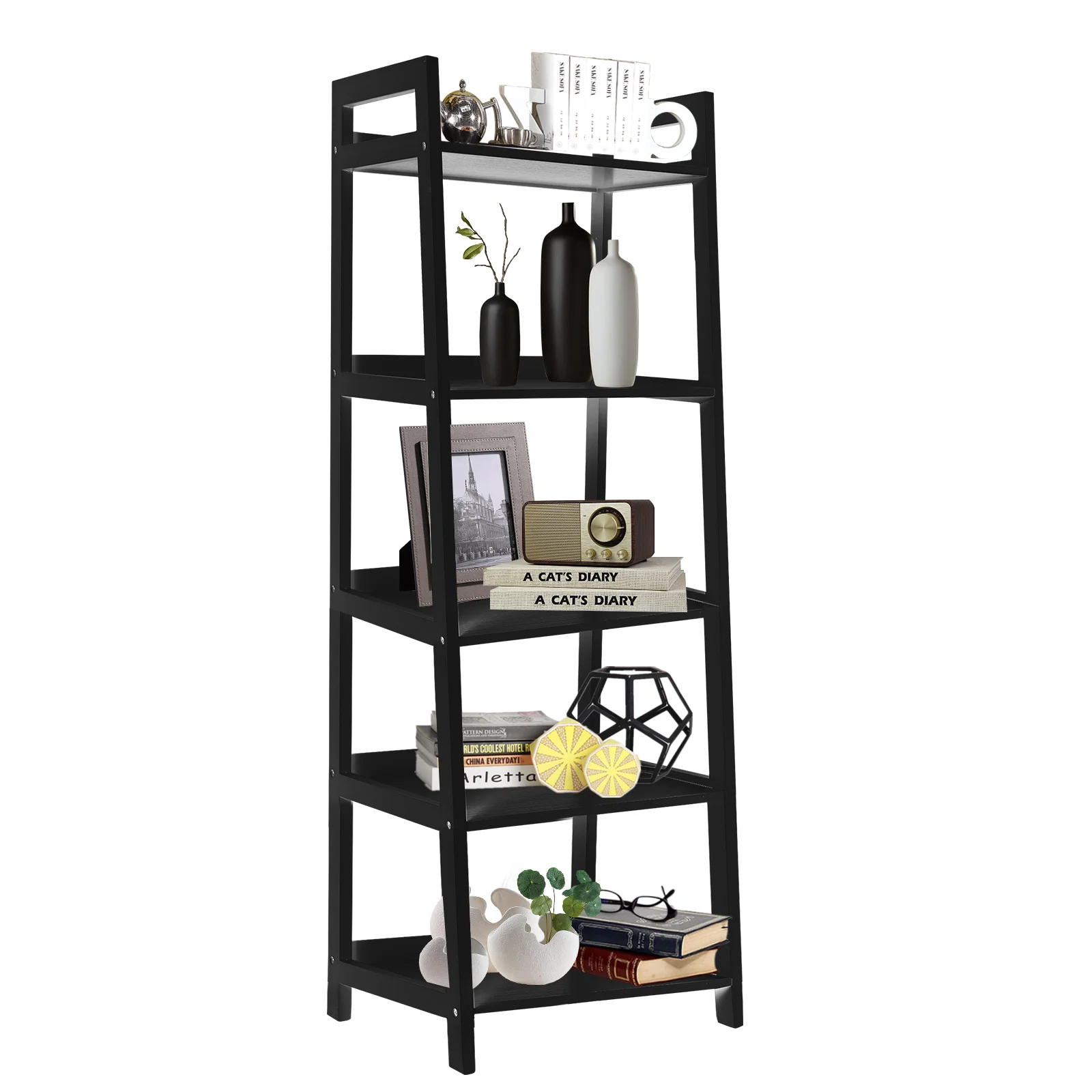 5 Tier Bookshelf, Modern Open Bookcase, Ladder Bookshelf Open Storage Rack Wood Ladder Shelf, Bookcase Shelf Storage Organizer