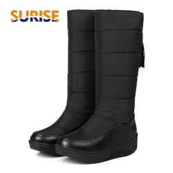 Winter Women Snow Boots Round Toe Plush Patent Leather Winter Black Brown Tassel Casual High Heel Wedge Platform Mid-calf Boots