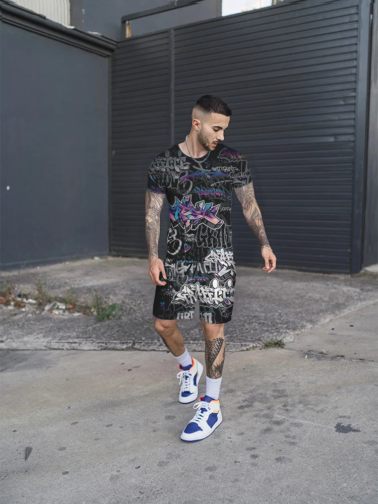 Summer New Men's Fashion Casual Street Graffiti Painting Printed Short Sleeve T-shirt And Shorts Set Fashionable Men's Clothes