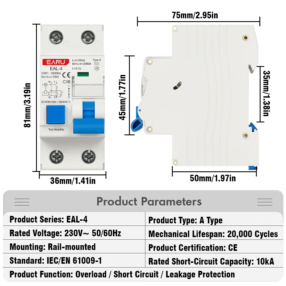 

2P L7-Architecture Type A RCBO 30mA Leakage Protection Curve B/C Tripping Characteristics 220V AC 50/60Hz Circuit Breaker MCB