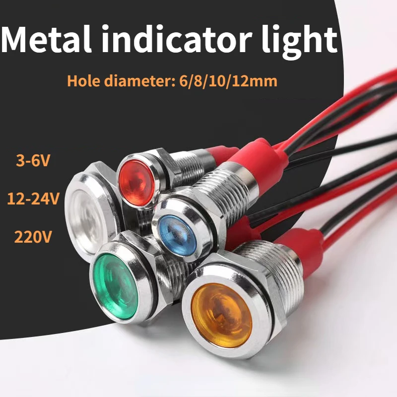 6mm 8mm 10mm 12mm LED Metal Indicator light waterproof Signal lamp with wire 3V 5V 6V 12V 24V 220v red yellow blue green white