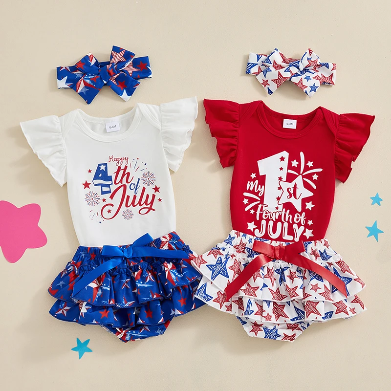 

Baby Girls Shorts Set Short Sleeve Letters Print Romper With Stars Print Shorts And Hairband Summer Outfit For Independence Day