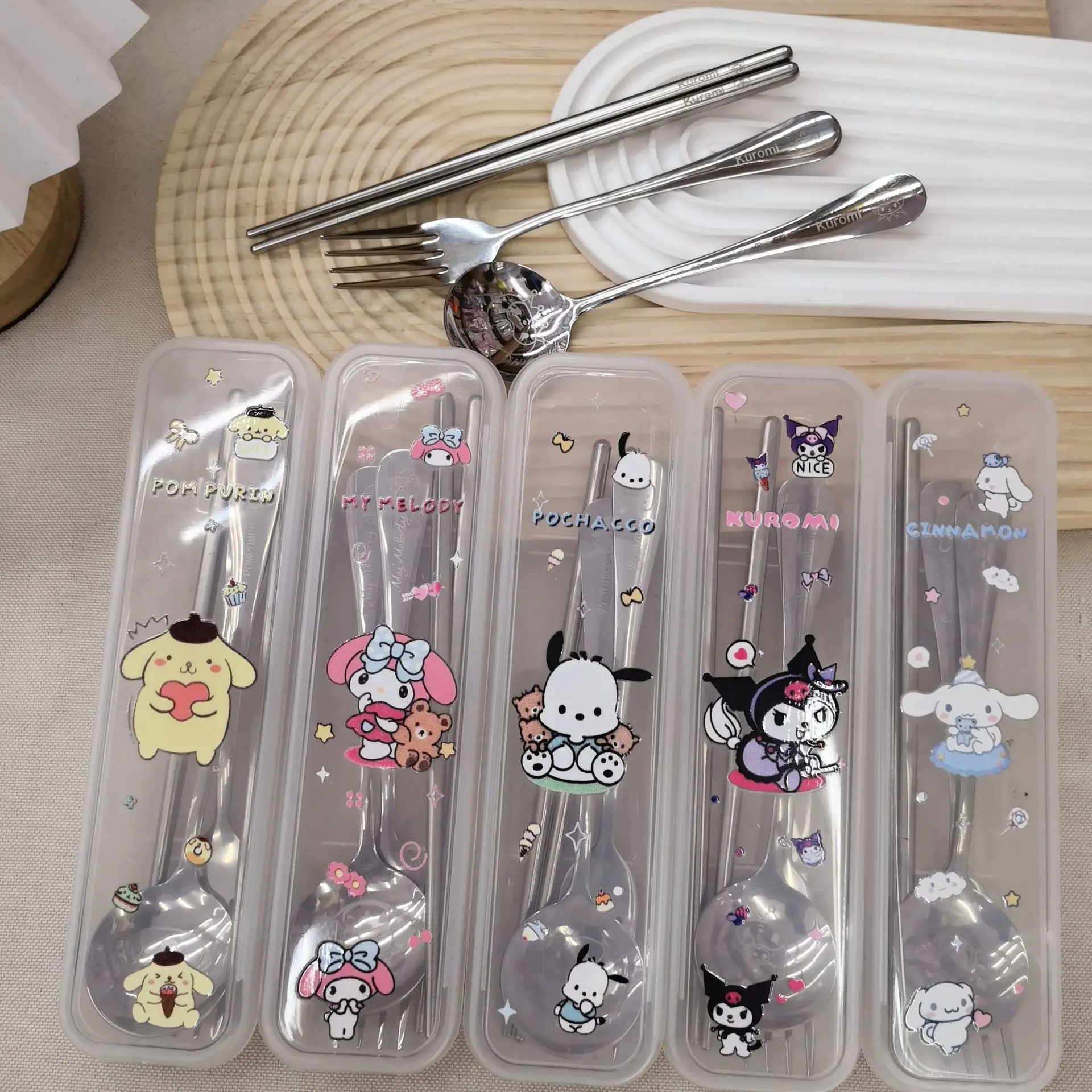 Sanrio kuromi Children's Knife, Fork, and Spoon Set - Cartoony Portable Utensils for School Cafeteria or Restaurant Use