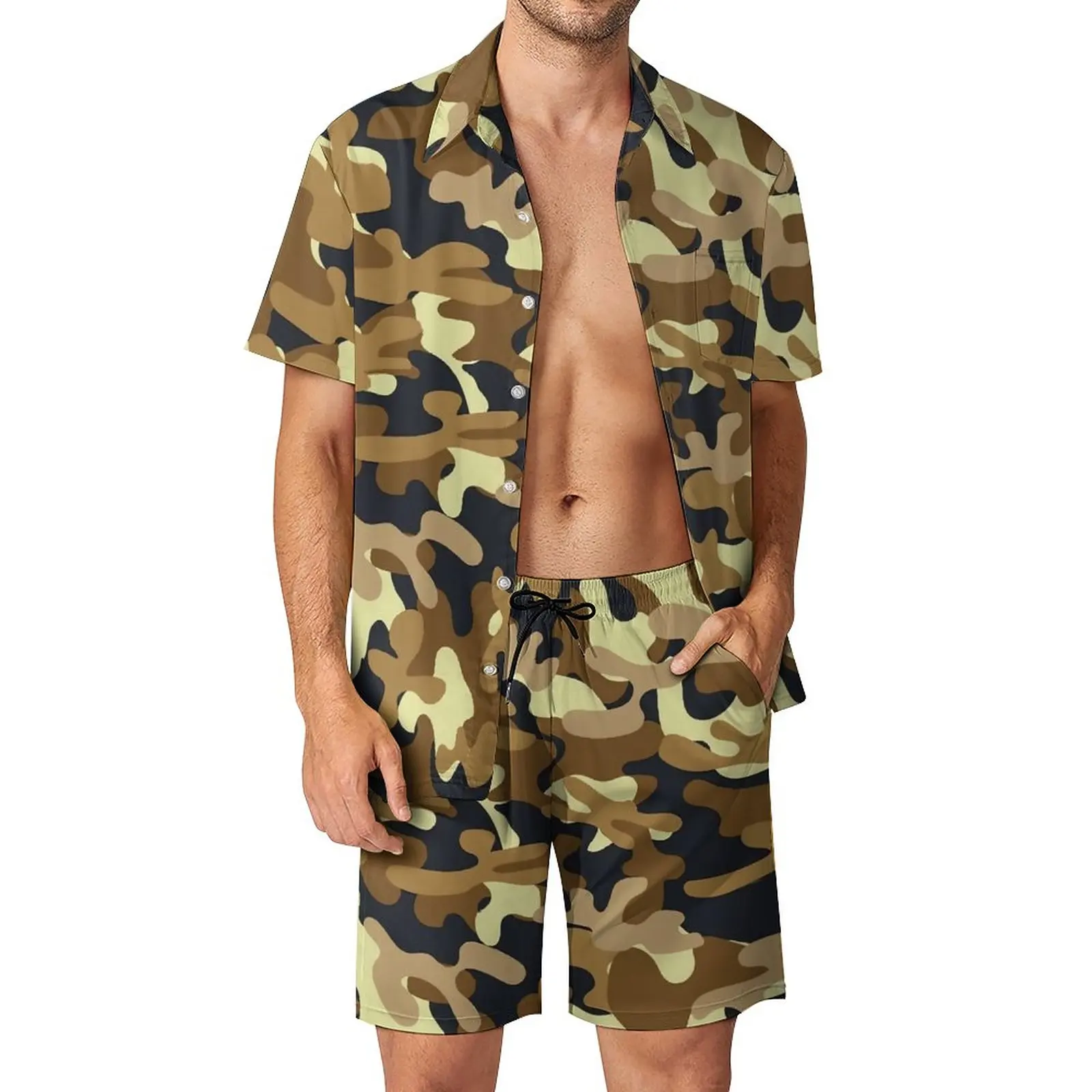 Yellow Camo Men Sets Desert Camouflage Casual Shorts Vacation Shirt Set Summer Funny Printed Suit Short Sleeve Oversize Clothing