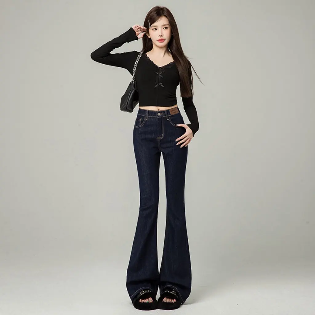 

Женские узкие джинсы на флисовой подкладке, утягивающие расклешенные брюки с высокой талией, осенне-зимние маленькие джинсы в форме подковы