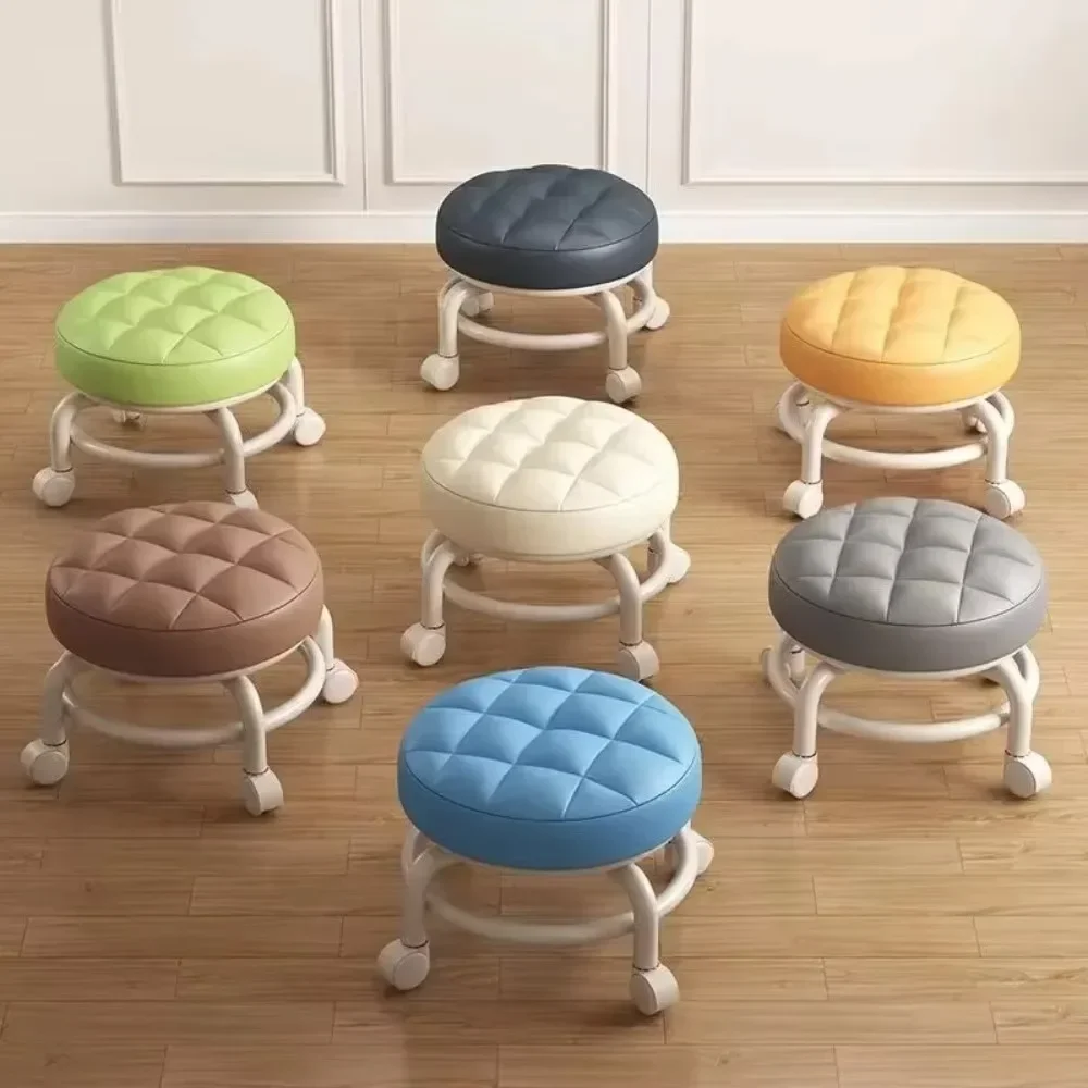 Low Stool with Pulley Thickening Sponge Cushion Household Shoe Changing Chair Waterproof Durable Leather Portable Circular Stool image 3